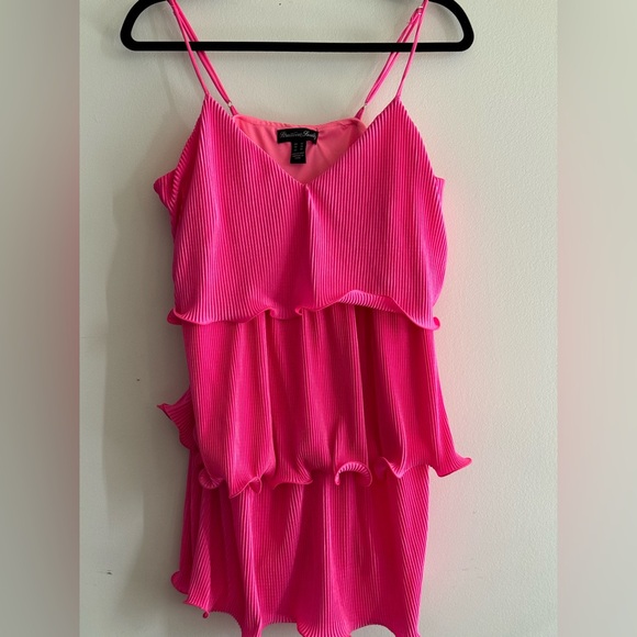 Satin Pleated Layered Mini Dress in Pink - Picture 2 of 4